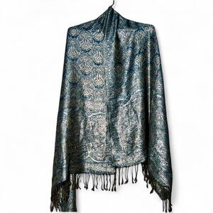 Elegant Blue, Gold and Silver Paisley Pashmina and silk Scarf